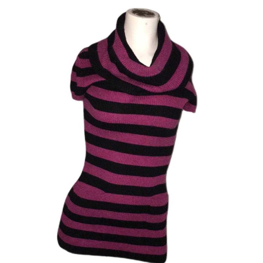 INC Fuchsia & Black Striped Cowl Neck Short Sleeve Sweater Size Small